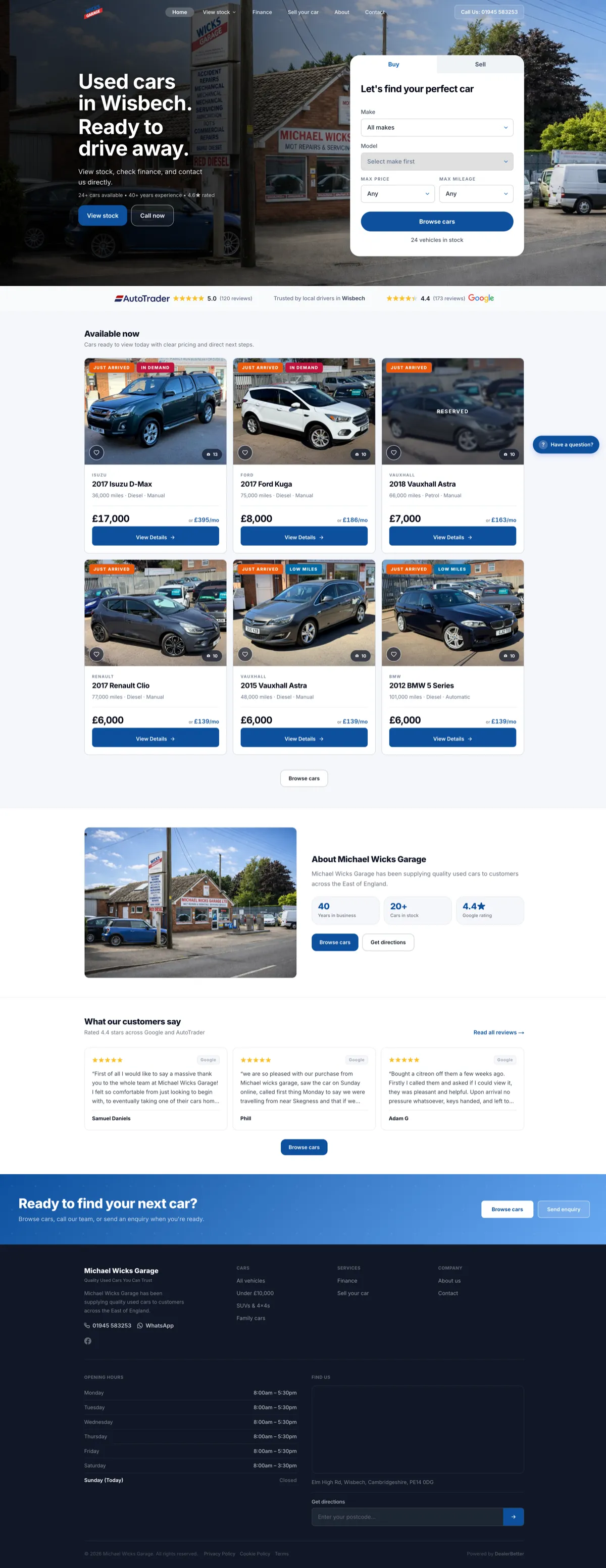 Live dealer website built with DealerBetter showing car listings, finance figures, and enquiry tools