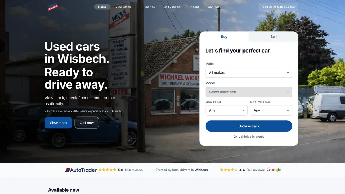 Live dealer website built with DealerBetter showing car listings, finance figures, and enquiry tools